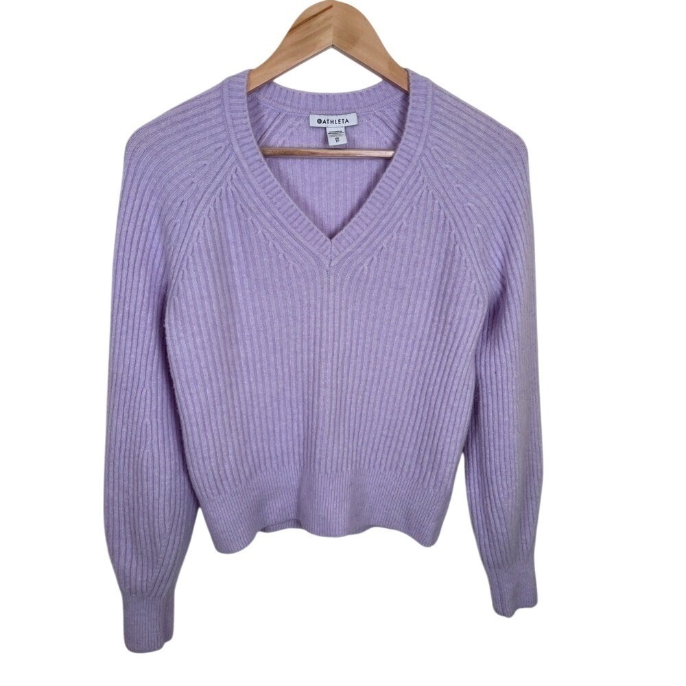 Athleta XS Merino Wool‎ Blend V-Neck Sweater Ribbed Knit Lavender